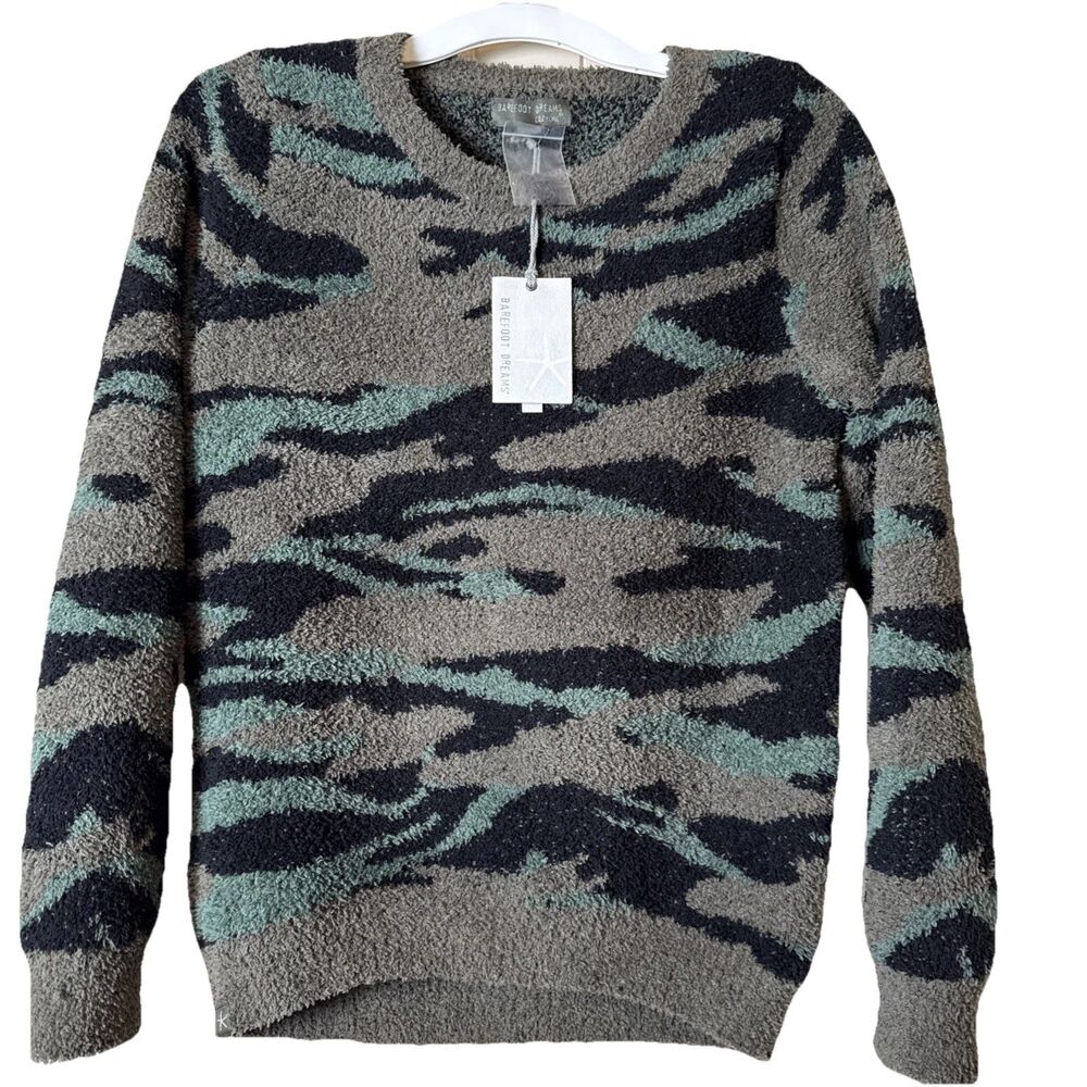 NWT BAREFOOT DREAMS CozyChic Pullover Sweater Size XS Black/Olive Camo